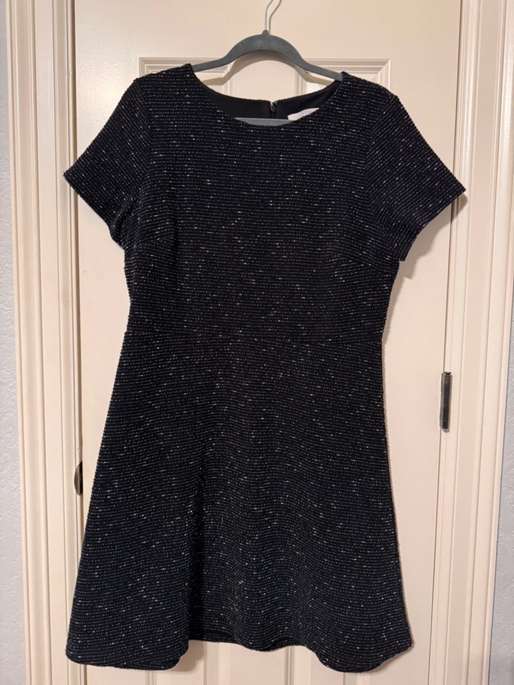 LOFT Black Tweed Fit & Flare Dress Size 12 Short Sleeve Textured